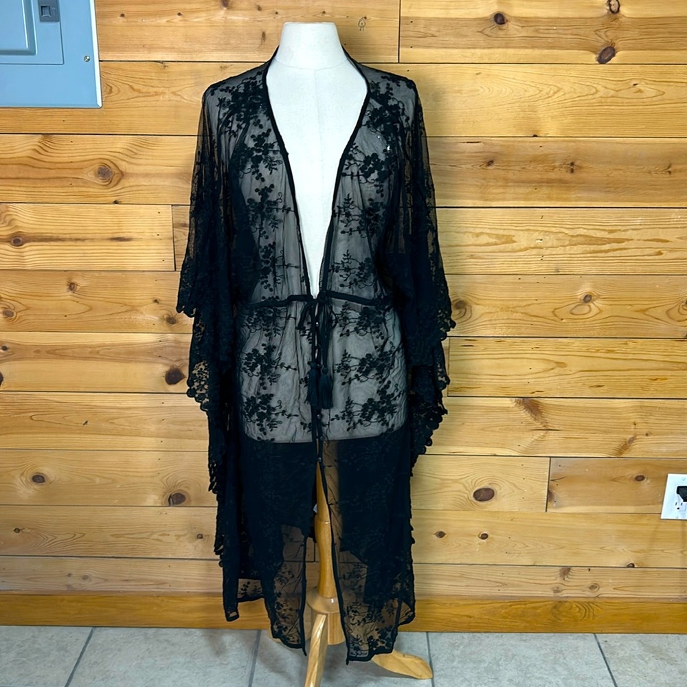 NWT Umgee black lace kaftan kimono top tunic swim cover layering poncho boho XL